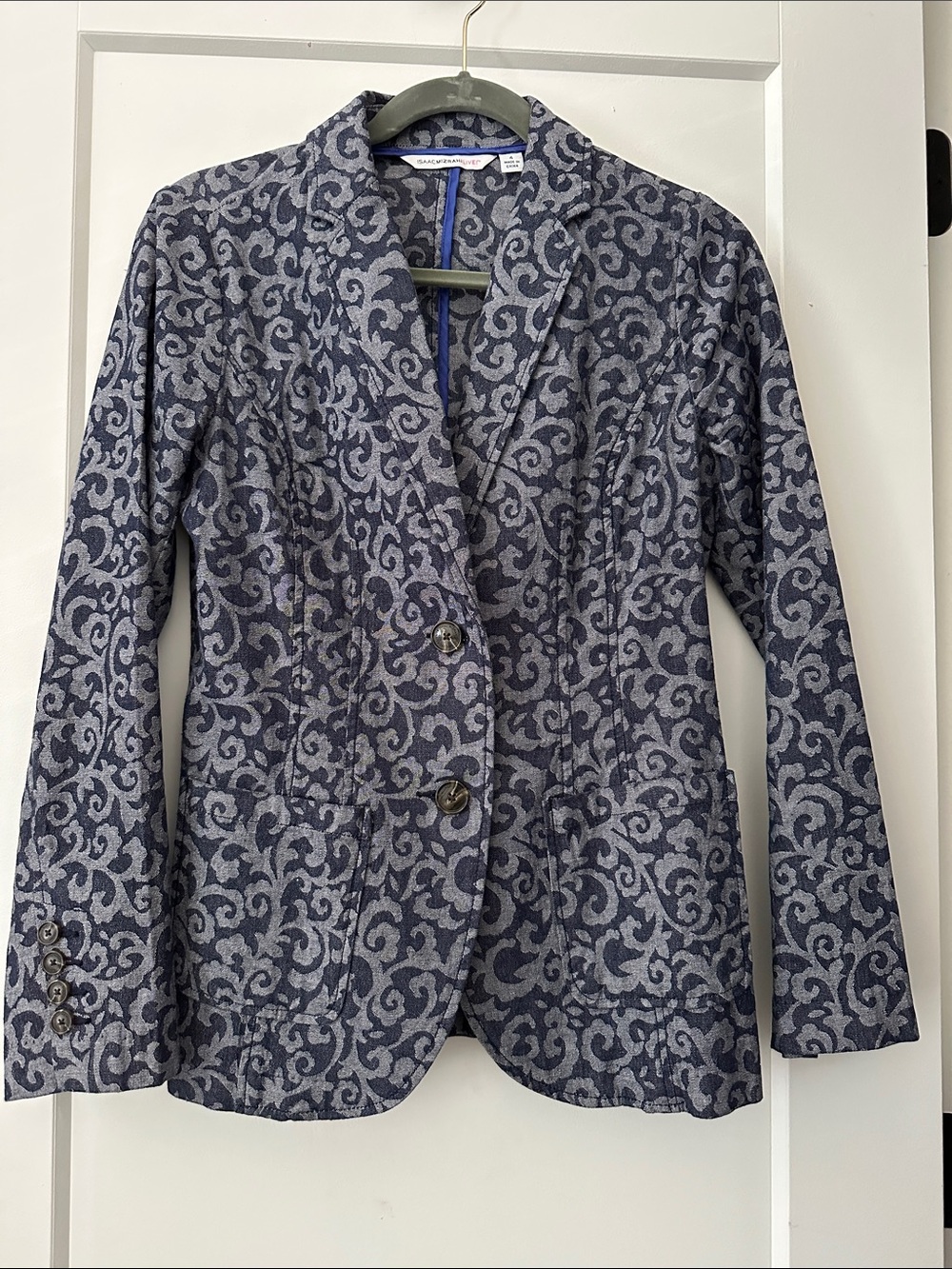 Isaac Mizrahi Live Navy Blue Patterned Stretch Blazer